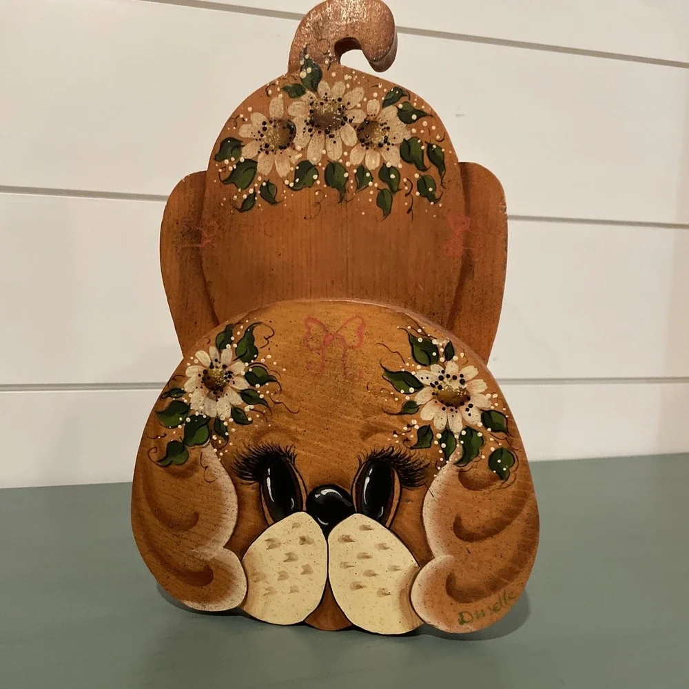 Vintage Hand Painted Wood Puppy Dog‎ Door Stop Floral Rustic Cottagecore